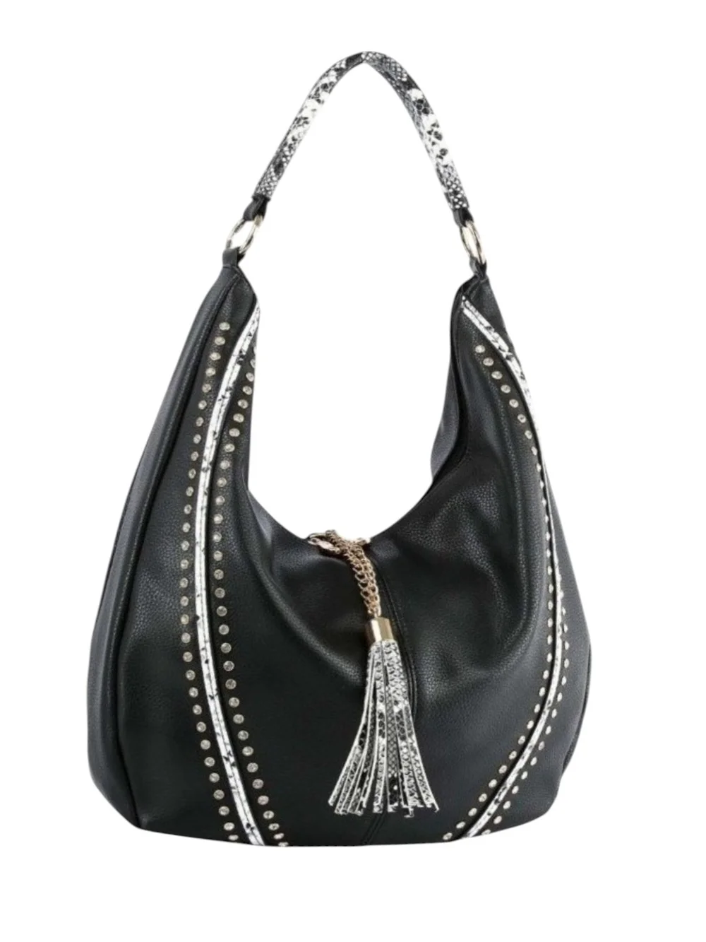 Snake Skin Accented with Gold Rhinestones Black Leather Purse